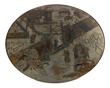 Philip & Kelvin LaVerne Large Chan Table: Philip & Kelvin LaVerne Large Chan Table Circa 1960. Acid etched bronze and pewter with chinoiserie scene. Ht. 17 5/8 in. Dia. 47 1/2 in. Philip and Kelvin LaVerne are a father-son duo who began produ