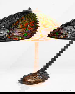 Tiffany Studios Dichroic "Jeweled Dragonfly" Table Lamp: Tiffany Studios Dichroic "Jeweled Dragonfly" Table Lamp Circa 1915, with a "Pony Tree Trunk" base. Leaded glass, patinated bronze. Shade impressed TIFFANY STUDIOS NEW YORK tag. Base impressed TIFFANY