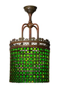 Tiffany Studios Large Chain Mail Chandelier: Tiffany Studios Large Chain Mail Chandelier Circa 1900. Favrile glass tiles and patinaed bronze. Shade Dia. 12 1/2 in. Drop Ht. 24 1/2 in. The estate of Howard Booher Sr., Atwater, Ohio.