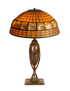 Tiffany Studios "Turtle Back" Table Lamp: Tiffany Studios "Turtle Back" Table Lamp Circa 1910, with torpedo base. Leaded glass, patinaed bronze. Shade impressed TIFFANY STUDIOS NEW YORK 1419. Base impressed TIFFANY STUDIOS NEW YORK 414. Liter