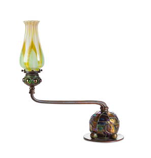 Rare Tiffany Studios, Turtleback Lamp with Jeweled Top and Pulled Feather Shade: Rare Tiffany Studios, Turtleback Lamp with Jeweled Top and Pulled Feather Shade Favrile glass, patinaed bronze. Impressed TIFFANY STUDIOS NEW YORK 4225. Ht. 17 1/4 in. W 16 in. Eric Streiner, New York