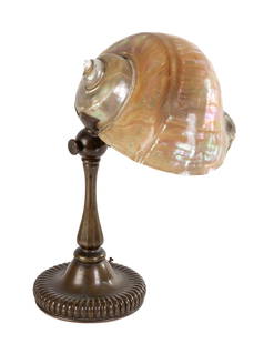 Tiffany Studios Nautilus Shell Desk Lamp: Tiffany Studios Nautilus Shell Desk Lamp Early 20th century. Adjustable bronze ribbed base. Signed TIFFANY STUDIOS #26263 with monogram. Literature: Alastair Duncan, "Tiffany Lamps and Metalware", Woo