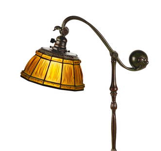 Tiffany Studios Linen Fold Counterbalance Floor Lamp: Tiffany Studios Linen Fold Counterbalance Floor Lamp Circa 1905. Favrile glass, patinaed bronze. Shade impressed TIFFANY STUDIOS NEW YORK. Base impressed TIFFANY STUDIOS NEW YORK 619. Ht. 4 ft. 7 in.