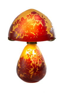 Emile Galle Table Lamp: Emile Galle Table Lamp Circa 1920. Overlaid and etched cameo glass base and shade decorated with anemones. Signed Galle. Ht. 16 1/2 in.