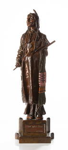 Carl Kauba (Austrian, 1865-1922), Chief Wolf Robe: Carl Kauba (Austrian, 1865-1922), Chief Wolf Robe Circa 1910. Sand cast, cold-painted bronze. Signed and titled on plinth. Catalog Note: This image of the Southern Cheyenne Chief Wolf Robe was taken d