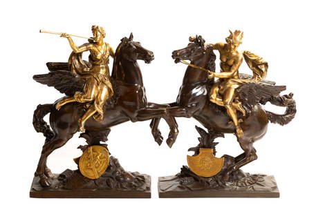 Emile Louis Picault (French, 1833-1915) after Antoine Coysevox (French, 1640-1720), Fame and Mercury: Emile Louis Picault (French, 1833-1915) after Antoine Coysevox (French, 1640-1720), Fame and Mercury Astride Pegasus Gilt and patinated bronze. Each signed E. Picault. Max Ht. 23 3/8 x W 21 in. C.G. S