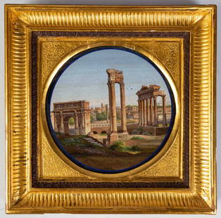 19th Century Italian Micromosaic of Roman Forum: 19th Century Italian Micromosaic of Roman Forum Italian, 19th century, probably Vatican workshop, unsigned, round plaque, view of the Roman forum with the Temple of Vespasian and Titus and the Column