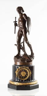 Monumental Late 19th Century French Figural Clock: Monumental Late 19th Century French Figural Clock Patinaed bronze by Mathurin Moreau, black slate pedestal with gilt bronze mounts, marble dial with roman numerals. 8-day time and strike movement. Max