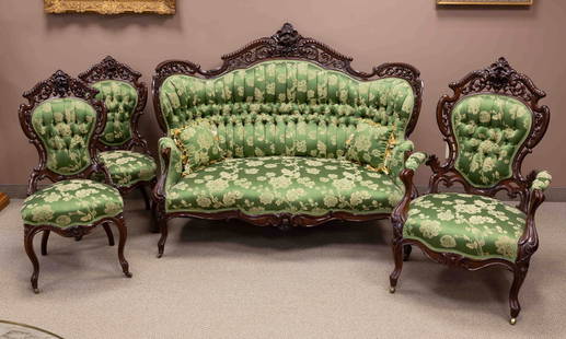 J. & J.W. Meeks Stanton Hall Pattern Rosewood 4 Piece Parlor Set: J. & J.W. Meeks Stanton Hall Pattern Rosewood 4 Piece Parlor Set 4 piece set: Sofa and 3 chairs. Green floral damask fabric. Laminated rosewood. Ht. 45 x W 49 x D 18 in. Sofa: Ht. 4 ft. x W 5 ft. Dr.