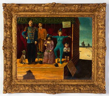 Georges Spiro (Polish/French, 1909-1994) Surrealist Traveling Circus, "The Five Phenomena": Georges Spiro (Polish/French, 1909-1994) Surrealist Traveling Circus, "The Five Phenomena" Oil on artist board. Signed 'Spiro' (lower right). Georges Spiro (Polish/ French, 1909-1994) Georges Spiro wa