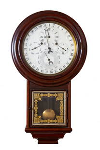 D. J. Gale's Astronomical Calendar Wall Clock No. 3: D. J. Gale's Astronomical Calendar Wall Clock No. 3 Circa 1871-1874. Rosewood grain painted case. Original directions and reverse painted glass. 8-day time and strike movement. Spring driven brass ast