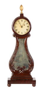 Unusual Standing Banjo Timepiece: Unusual Standing Banjo Timepiece Circa 1830, carved mahogany case, original painted metal dial, 8-day time only brass movement. Ht. 33 in. Thomas Grimshaw, Cheshire, CT.