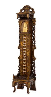 Japanese Stick Clock & Stand: Japanese Stick Clock & Stand Circa 19th century. Carved hardwood and polychrome case. Brass movement. Ht. 33 in. Thomas Grimshaw, Cheshire, CT.