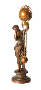 Ansonia "Juno" Mystery Clock: Ansonia "Juno" Mystery Clock Circa 1900. Patinaed metal sculpture of a woman. 8-day time only movement. Ht. 27 3/4 in. Thomas Grimshaw, Cheshire, CT.