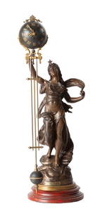 French Swinging Arm Clock: French Swinging Arm Clock 19th century. Patinaed metal on a faux roux marble base. Plaque inscribed L'ETOILE FILANTE / Par Bruchon Sculpt. 8-day time only movement. Ht. 29 1/2 in. Thomas Grimshaw,