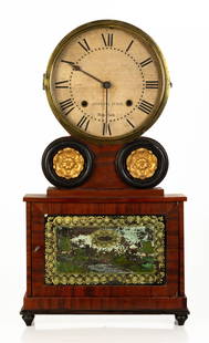 Joseph Ives Shelf Clock: Joseph Ives Shelf Clock Brooklyn, New York. Circa 1829. Mahogany case with ebonized and brass rosettes, old finish. Original wood dial with paper. Original reverse painted glass. Lever spring brass