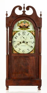 Rare Pennsylvania J.D. Custer Pillar and Scroll Shelf Clock: Rare Pennsylvania J.D. Custer Pillar and Scroll Shelf Clock Circa 1835. Mahogany case with carved finials. Original painted iron dial signed J.D. Custer Morristown PATENT. 8-day cast brass movement. C