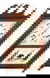 Rare Pennsylvania Pillar and Scroll Clock with Bride's Tablet: Rare Pennsylvania Pillar and Scroll Clock with Bride's Tablet Circa 1830, mahogany case, original painted metal dial and tablet. 30-hour time and strike movement. Ht. 29 3/4 x W 17 x D 5 1/2 in. Colle