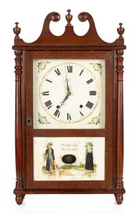 Rare Pennsylvania Pillar and Scroll Clock with Bride's Tablet: Rare Pennsylvania Pillar and Scroll Clock with Bride's Tablet Circa 1830, mahogany case, original painted metal dial and tablet. 30-hour time and strike movement. Ht. 29 3/4 x W 17 x D 5 1/2 in.