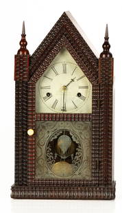 J.C. Brown Full Ripple Miniature Steeple Clock: J.C. Brown Full Ripple Miniature Steeple Clock J.C. Brown Forestville, Connecticut. Circa 1850. Rosewood case. Original painted metal dials and tablets. 30-hour time and strike movement. Ht. 15 1/4