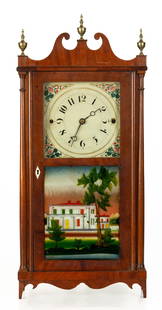 Erastus Hodges Miniature Pillar and Scroll Shelf Clock: Erastus Hodges Miniature Pillar and Scroll Shelf Clock Torrington, Connecticut. Circa 1830, mahogany case, period painted wood dial and tablet. Torrington movement. Ht. 29 x W 13 1/4 x D 4 1/2 in.