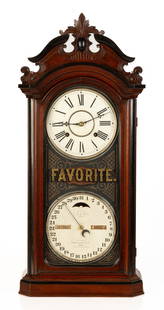 Favorite Clock Company Ithaca Model 4 1/2 Double Dial Calendar Clock: Favorite Clock Company Ithaca Model 4 1/2 Double Dial Calendar Clock Circa 1881. Walnut with black trim. Original dials, glass, and hands. 8-day spring time, calendar movement. Ht. 31 1/2 x W 14 1/2