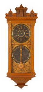 Ithaca Hanging Belgrade Double Dial Calendar Clock No. 5 1/2: Ithaca Hanging Belgrade Double Dial Calendar Clock No. 5 1/2 Ithaca, New York. Circa 1866. Original ash finish, black paper dials, hands, calendar rolls, weight, pendulum, pendulum rod, and key.