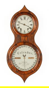 Seth Thomas Peanut Clock: Seth Thomas Peanut Clock Plymouth, Connecticut. Circa 1862. Rosewood case, nice patina and finish. Painted metal dials. 8-day time only, calendar movement. Original direction and label. Ht. 23 1/4 x W