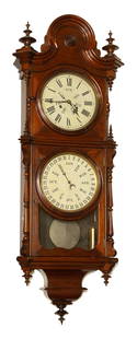 No. 3 Regulator Clock (Lewis Calendar): No. 3 Regulator Clock (Lewis Calendar) E.N. Welch Manufacturing Company Bristol, Connecticut. Circa 1878. Carved walnut case, nice old finish. Original painted metal dials, with some over paint.