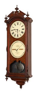 Ithaca Calendar Clock Co. "No. 2 Bank": Ithaca Calendar Clock Co. "No. 2 Bank" Ithaca, New York. Circa 1880. Walnut case, nice old finish. Original paper dials. 8-day time only, calendar movement. Catalog Note: 'Calendar Clocks' by Tran Duy