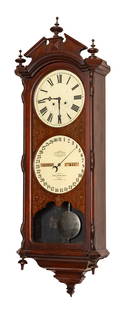 Ithaca Calendar Clock Co. "No. 2 Bank": Ithaca Calendar Clock Co. "No. 2 Bank" Ithaca, New York. Circa 1880. Walnut case, nice old finish. Original paper dials. 8-day time only, calendar movement. Catalog Note: 'Calendar Clocks' by Tran