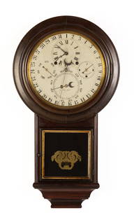 D.J. Gale's Astronomical Calendar Wall Clock No. 3: D.J. Gale's Astronomical Calendar Wall Clock No. 3 E.N. Welch Manufacturing Company Bristol, Connecticut. Circa 1871-1874. Rosewood graining case. Original painted metal dial and tablet. 8-day time