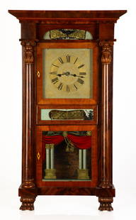 Marshall & Adams, Empire Shelf Clock: Marshall & Adams, Empire Shelf Clock Marshall & Adams. Seneca, New York. Circa 1835. Mahogany case, original painted wood dial and tablet. Brass strap time and strike movement. Ht. 40 in. Collection o