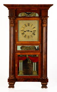 Marshall & Adams, Empire Shelf Clock: Marshall & Adams, Empire Shelf Clock Marshall & Adams. Seneca, New York. Circa 1835. Mahogany case, original painted wood dial and tablet. Brass strap time and strike movement. Ht. 40 in. Collection