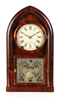 Brewster & Ingrahams Beehive Clock: Brewster & Ingrahams Beehive Clock Bristol, Connecticut. Circa 1840. Rosewood case, original painted metal dial and etched glass tablet. Iron cup movement. Ht. 19 1/4 x W 10 3/4 in x D 4 1/4 in. Colle