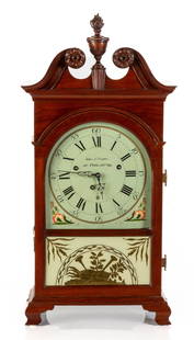 Extremely Rare American Musical Clock, John J. Parry, Philadelphia: Extremely Rare American Musical Clock, John J. Parry, Philadelphia Circa 1790. Figured mahogany case with satin wood inlay, Chippendale-style with ogee bracket feet, broken arch crest and flame