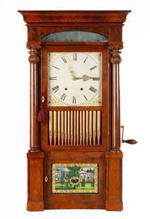 Exceedingly Rare American Organ Clock, by Kirk, Bristol, CT: Exceedingly Rare American Organ Clock, by Kirk, Bristol, CT Circa 1837-1840. 8-day brass and steel mechanism strikes hours on a bell. 5 inch diameter fusee mechanism. Heavy cast iron frame. 24 inch