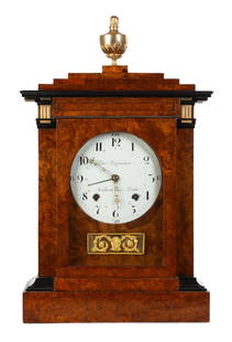 Rare German Mantle Clock by Peter Bofenschen: Rare German Mantle Clock by Peter Bofenschen Late 18th century. With extremely fine original burlwood and ebony case in the style of David Roentgen. English Dutch striking. Dial signed Peter