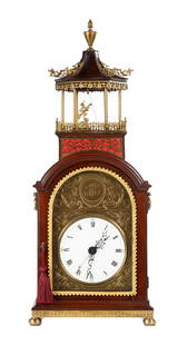 Rare Chinese- Made Automaton Bracket Clock: Rare Chinese- Made Automaton Bracket Clock Circa 1790, in the style of an 18th century English export clock made for the Chinese market. Mahogany case with pagoda top features and automated Chinese