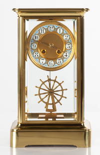 Rare French Brevete Ship's Wheel Crystal Regulator: Rare French Brevete Ship's Wheel Crystal Regulator Circa 1885. Porcelain and enamel dial. 8-day time and strike movement. Exposed skeletonized Brocot escapement. Ht. 13 x W 7 3/4 x D 6 in. Jim Cipra,