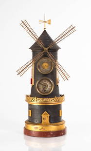 French Industrial Windmill Automated Clock: French Industrial Windmill Automated Clock Attributed to Guilmet, circa 1885. Bronze case on a marble base in the form of a windmill displaying the time on a silvered dial with additional displays of