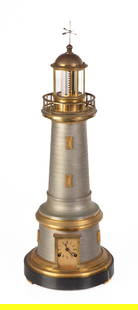Unusual French Industrial Lighthouse Clock: Unusual French Industrial Lighthouse Clock Attributed to Guilmet, circa 1880. 8-day time and strike with torsion pendulum, gilt-bronze and patinated brickwork case with the clock in the bottom and an