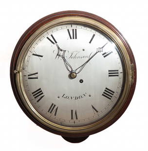 English Dial Clock, William Johnson, London: English Dial Clock, William Johnson, London Circa 1770. Mahogany case with Convex silver dial with roman numerals. Crown verge escapement. Ht. 16 x W 14 1/2 in. Jim Cipra, Long Beach, CA.