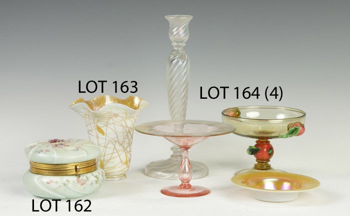 Group of Misc. Steuben & Art glass: Group of Misc. Steuben & Art glass.Steuben gold aurene dish, exc., Dia. 6"; Compote w/pears, exc., Ht. 4 3/4" Dia. 6"; Steuben pink compote, Ht. 4 1/2" Dia. 7"; Steuben Verre de Soie candlestick initi