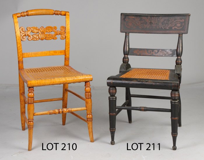 19th Cent. Sheraton Tiger Maple Side chair: 19th Cent. Sheraton Tiger Maple Side chair.Carved back splat. Together w/other side chair, not pictured. Ht. 33" Seat Ht. 18" Property from The Strong, sold to benefit the museum's collections fund.