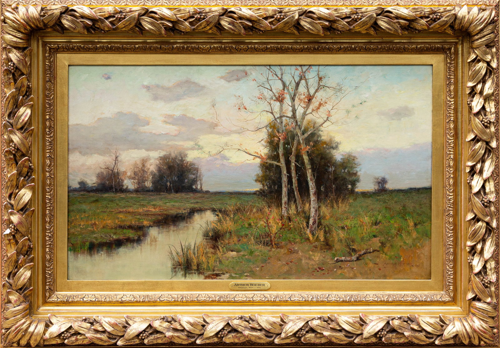Arthur Hoeber (American, 1854-1915) "The Meadow at Sunset, 1893": Arthur Hoeber (American, 1854-1915) "The Meadow at Sunset, 1893" Oil on canvas. Signed 'Arthur Hoeber 1893' (lower right). Period giltwood frame. Catalogue Note: Arthur Hoeber, a prolific writer, illu