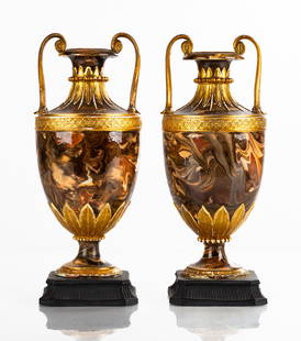 Pair of Wedgwood Agate Amphora Vases: Pair of Wedgwood Agate Amphora Vases The tall neck flanked by upright curved loop handles, the surface simulating agate in tones of brown, red and cream slip, applied with gilt enriched stiff leaf-tip