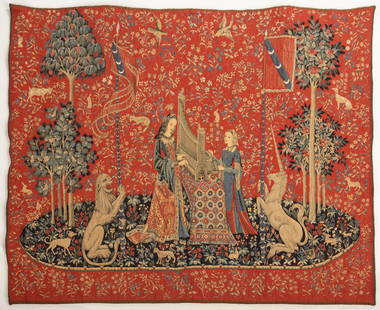 Dame A L'Orgue Organ French Wall Tapestry: Dame A L'Orgue Organ French Wall Tapestry After the antique in the Cluny Museum, circa 1512. French vintage reproduction of the famous series of six, "Lady and the Unicorn" tapestries from the late 15