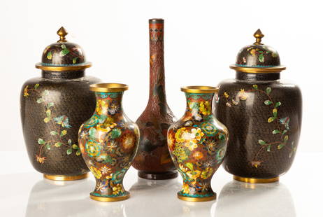 Chinese & Japanese Cloisonne Vases: Chinese & Japanese Cloisonne Vases 19th / 20th century. Japanese pottery vase, carved lacquer, enamel. Chinese items Cloisonne enamel on metal. Max Ht. 10 1/4 in. Deaccessioned property of the