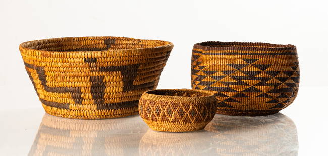 Three Native American Baskets: Three Native American Baskets Circa 1900. Ht. 4 1/2 in. Dia 9 1/2 in.